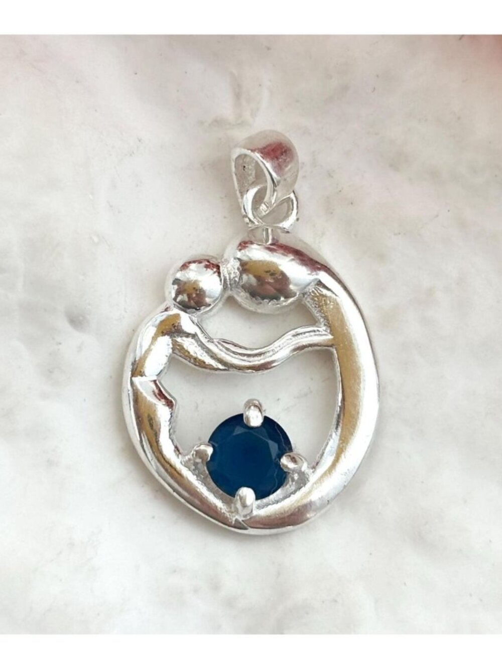Blue Sapphire Mother & Child Figural Sterling Silver 925 Vintage Pendant | Charm
